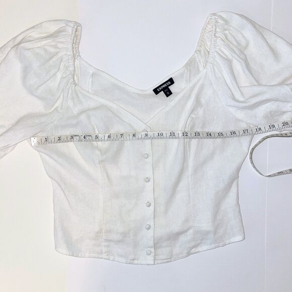 Express Puff Tie Sleeve Button Front Corset Crop Top White Cream Linen Womens M - Picture 4 of 7